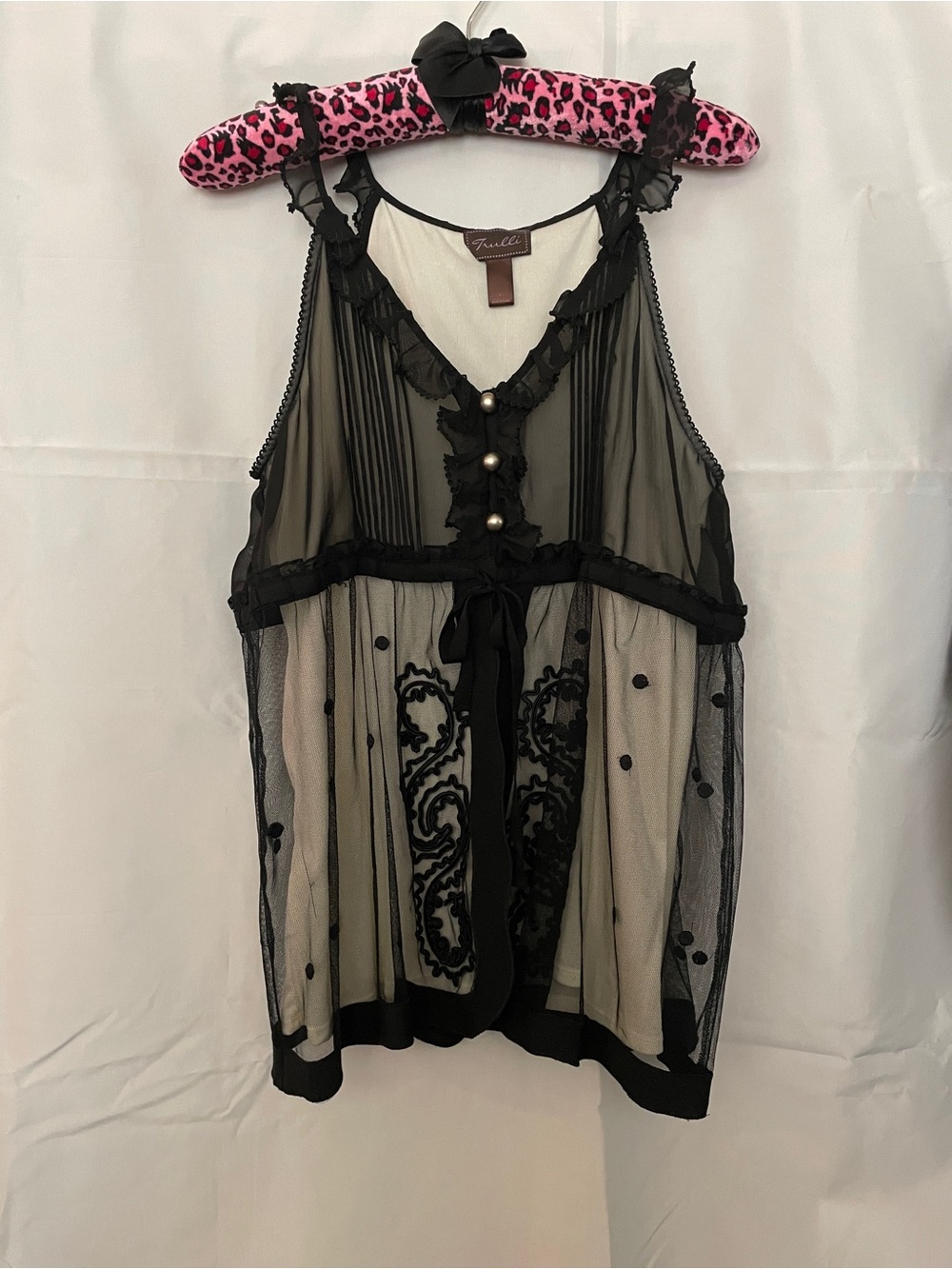 Trulli L Sheer Black Embroidered Whimsy Goth Tank Buttons Polka Dot Bow Tie